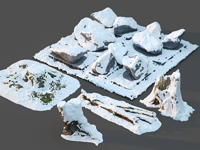 Snow Covered Stones And Wooden Pieces Natural Decorative Arrangement for Winter Scene 3d model