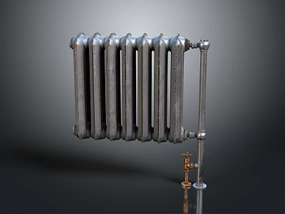 Classic Cast Iron Radiator For Home Heating With Vintage Design And Pipe 3d model