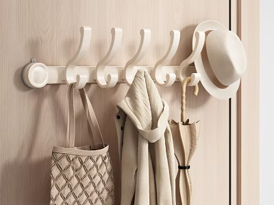 White Wall Mounted Hook Rack With Woven Bag Coat Umbrella And Hat 3d model