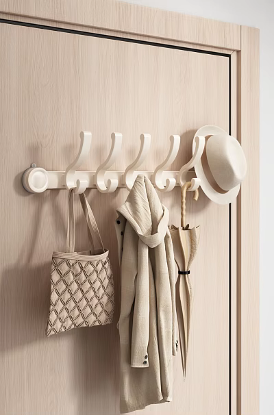 White Wall Mounted Hook Rack With Woven Bag Coat Umbrella And Hat 3d model