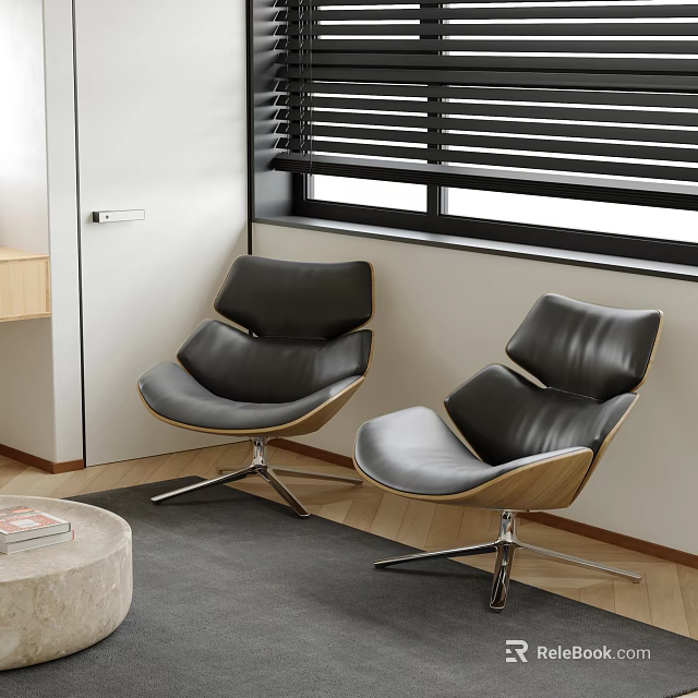 Black Leather Lounge Chairs With Wooden Frame And Metal Base By Window With Blinds 3d model 