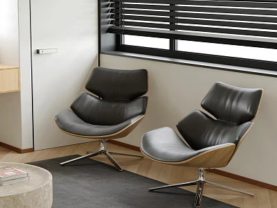 Black Leather Lounge Chairs With Wooden Frame And Metal Base By Window With Blinds 3d model