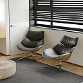 Black Leather Lounge Chairs With Wooden Frame And Metal Base By Window With Blinds