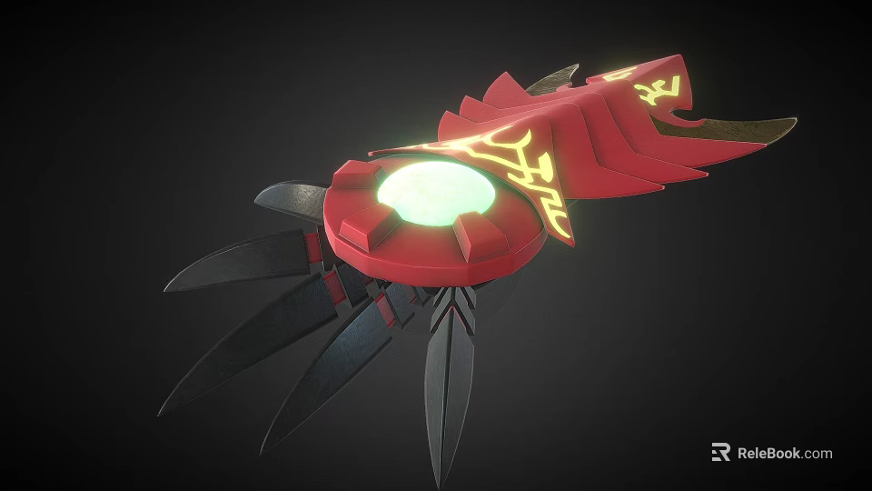 Red Mechanical Device With Glowing Green Core Yellow Accents And Black Spikes 3d model 