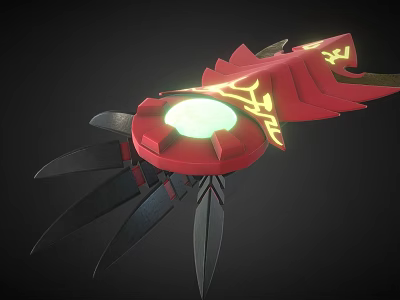 Red Mechanical Device With Glowing Green Core Yellow Accents And Black Spikes 3d model