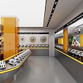 Modern Helmet Showroom With Curved Display Counters Yellow Pillars Wall Decorations And White Helmets