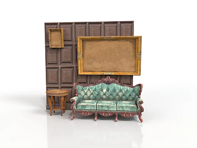Vintage Green Floral Sofa With Small Round Table Against Dark Paneled Wall and Picture Frames 3d model