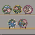 Five Colorful Cartoon Plates With Cute Patterns Displayed On Wooden Shelves