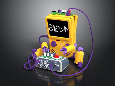 Yellow Robot With Smiley Face On Screen Purple Wires And Control Panel With Knobs Buttons 3d model
