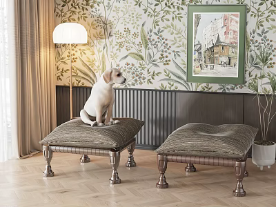 Upholstered Ottomans With Wooden Legs In Living Room With Dog Floral Wallpaper And Floor Lamp 3d model