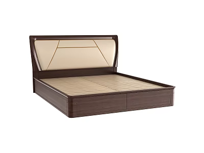 Double Bed with Dark Brown Wooden Frame and Beige Upholstered Headboard Modern Design 3d model