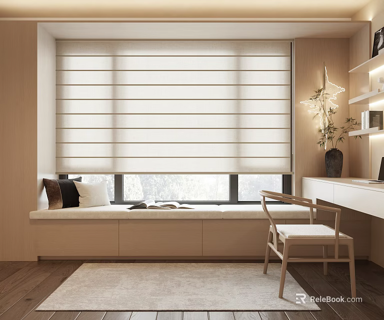 Modern Bay Window Interior With Window Seat Desk Chair And Roller Blinds 3d model 
