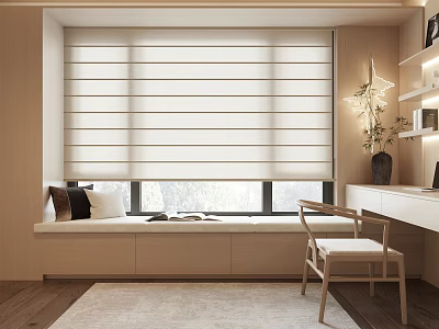 Modern Bay Window Interior With Window Seat Desk Chair And Roller Blinds 3d model