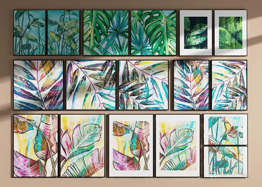 Vibrant Tropical Plant Paintings With Framed Leaf Art For Home Wall Decor 3d model 