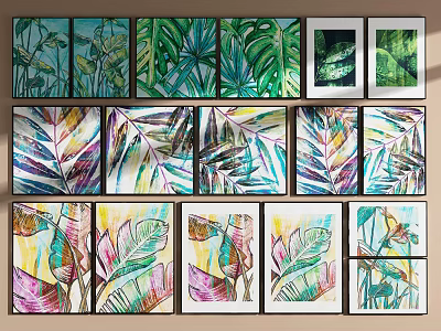 Vibrant Tropical Plant Paintings With Framed Leaf Art For Home Wall Decor 3d model