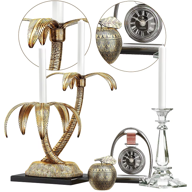 Elegant Decorative Ornament Set with Gold Palm Tree Candle Holder Patterned Ball and Transparent Stand 3d model 