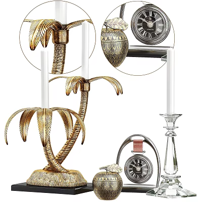 Elegant Decorative Ornament Set with Gold Palm Tree Candle Holder Patterned Ball and Transparent Stand 3d model