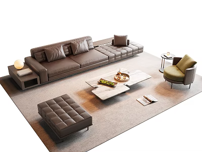 Modern Brown Leather Sofa And Coffee Table Set With Ottoman Side Table And Accent Chair 3d model