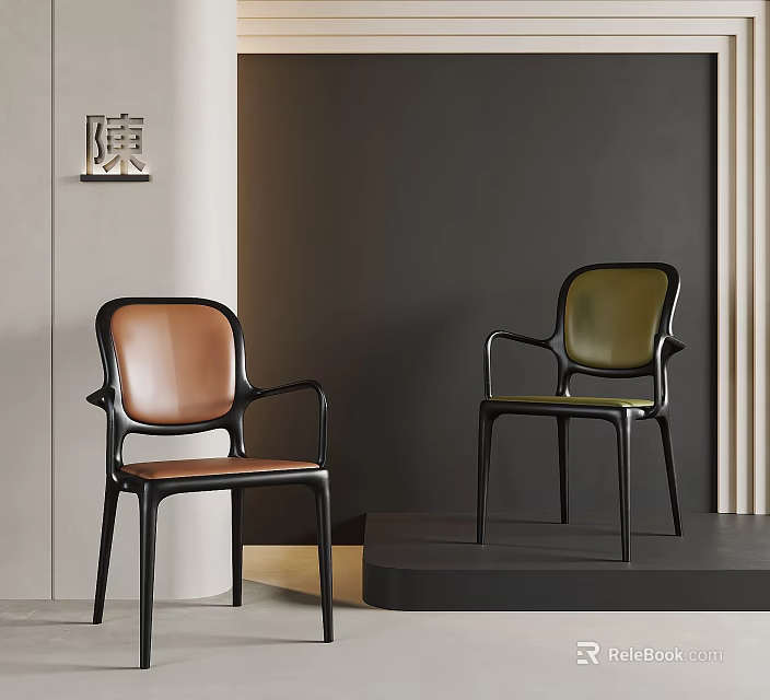Modern Leisure Chairs With Brown Green Leather Seats And Black Frames 3d model 