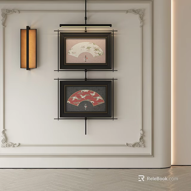 Elegant Abstract Paintings with Fan Shaped Design and Decorative Frames on Minimalist Wall 3d model 
