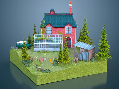 Cartoon Scene With Red House Green Roof Greenhouse Shed And Trees On Green Grass 3d model