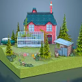 Cartoon Scene With Red House Green Roof Greenhouse Shed And Trees On Green Grass