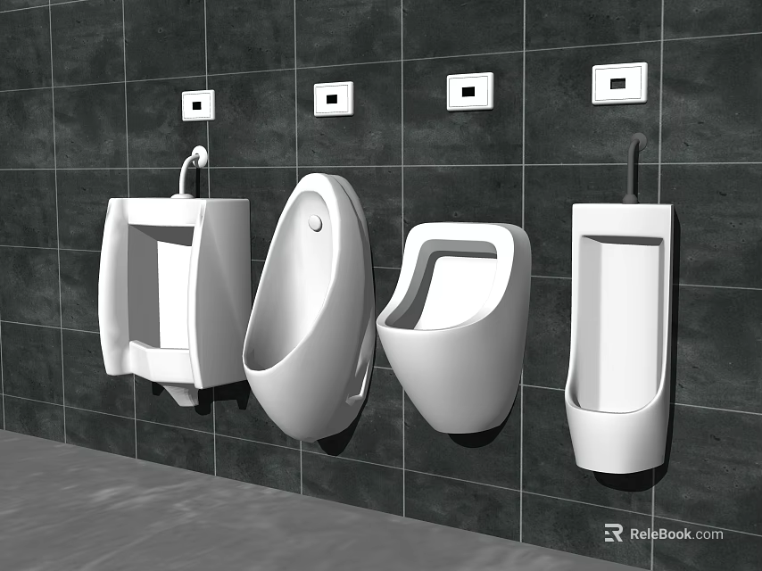Four Different Designed Urinals Mounted On Dark Tiled Wall In Modern Bathroom 3d model 