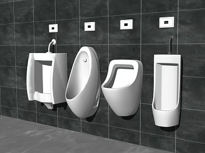 Four Different Designed Urinals Mounted On Dark Tiled Wall In Modern Bathroom 3d model