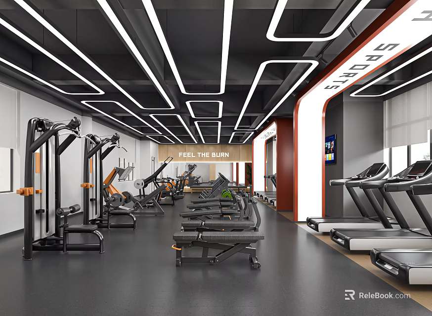 Modern Gym Interior With Various Fitness Equipment 3d model 