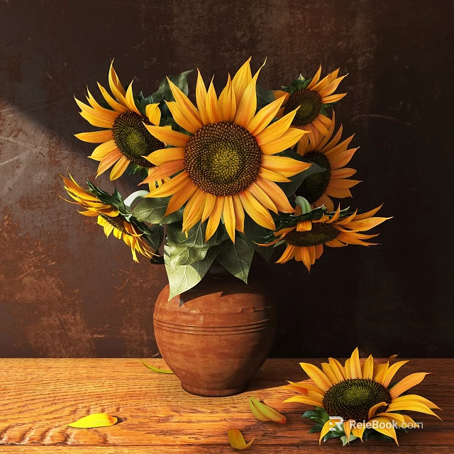 Beautiful Sunflowers Arrangement in Terracotta Vase on Wooden Table with Green Leaves 3d model 