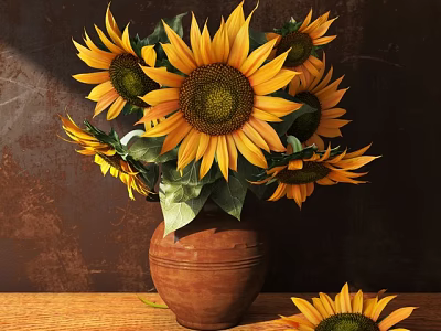 Beautiful Sunflowers Arrangement in Terracotta Vase on Wooden Table with Green Leaves 3d model