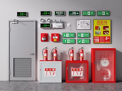 Complete Fire Equipment Setup With Fire Extinguishers Hydrant Boxes And Exit Signs For Building Safety 3d model