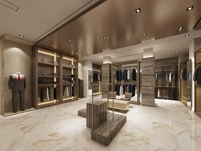 Elegant Men's Clothing Store Interior With Modern Clothing Displays Marble Flooring And Lighting Design 3d model