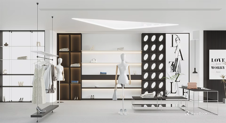 Modern Clothing Store Interior With Mannequins Clothing Racks And Display Shelves 3d model 