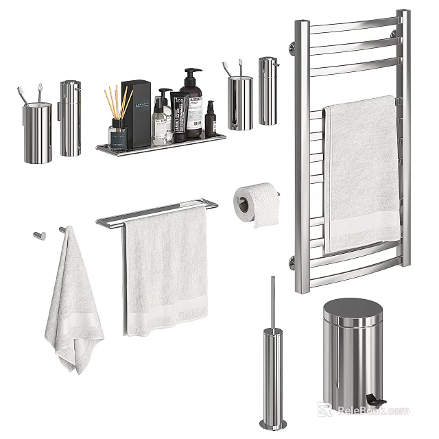 Modern Stainless Steel Bathroom Accessories Including Towel Rack Toilet Paper Holder And Trash Can 3d model 