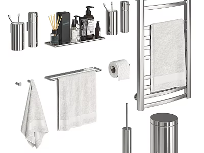 Modern Stainless Steel Bathroom Accessories Including Towel Rack Toilet Paper Holder And Trash Can 3d model