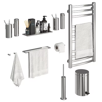 Modern Stainless Steel Bathroom Accessories Including Towel Rack Toilet Paper Holder And Trash Can 3d model