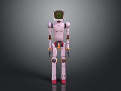 Pink Robot Character With Green Screen Head Number 3 Yellow Black Details And Red Feet 3d model