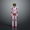 Pink Robot Character With Green Screen Head Number 3 Yellow Black Details And Red Feet