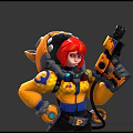Red Haired Character and Fish Shaped Creature in Vibrant Yellow Blue Outfits Holding Blasters Standing