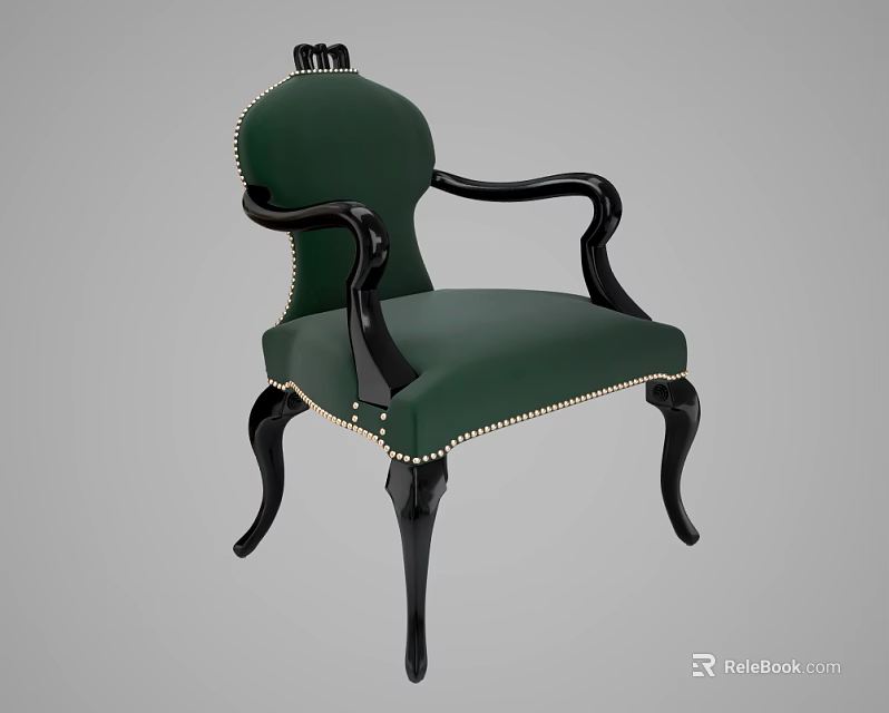 Elegant Green Upholstered Single Chair with Curved Black Armrests and Decorative Studs 3d model 