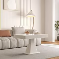Modern White Coffee Table With Sofa Pillows Floor Lamp And Potted Plant On Wooden Floor