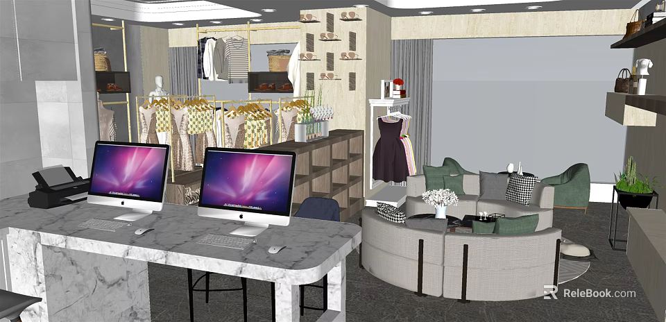 Modern Clothing Store Interior With Display Racks Computers And Sofa Seating Area 3d model 
