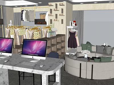 Modern Clothing Store Interior With Display Racks Computers And Sofa Seating Area 3d model