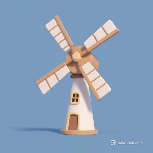 Cute Windmill Decorative Ornament Set With House Base And Beige Brown Design 3d model 