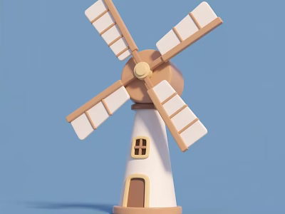 Cute Windmill Decorative Ornament Set With House Base And Beige Brown Design 3d model