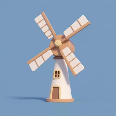 Cute Windmill Decorative Ornament Set With House Base And Beige Brown Design 3d model