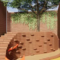 Brick Garden Landscape With Tree Steps Orange Circular Structures And Yellow Ground Patterns 3d model