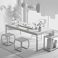 Chinese Zen Tea Table and Chairs with Tea Set Hanging Lamps and Mountain View Window