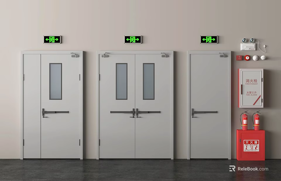 Industrial Safety Exit Doors With Green Signs Fire Extinguishers And Alarm 3d model 